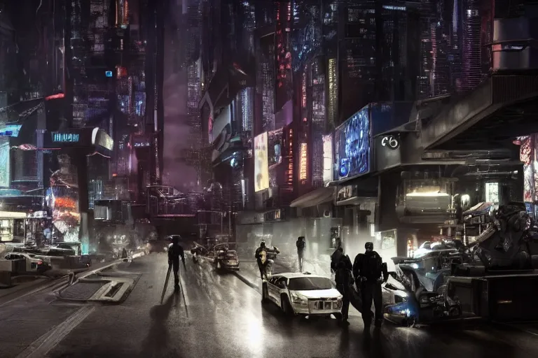 Prompt: cinematography ai robot rights standoff with police, sci-fi future city street at night. Emmanuel Lubezki