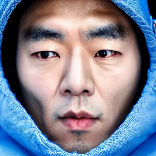 Image similar to a close up photographic portrait of a handsome korean actor wearing wet weather gear looking worried taken by annie leibowitz. cinematic lighting, blue background colour, 5 0 mm, subsurface scatter.