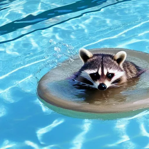 Image similar to a cute photo of a raccoon swimming in a pool, the raccoon is wearing a pink flamingo shaped floaty