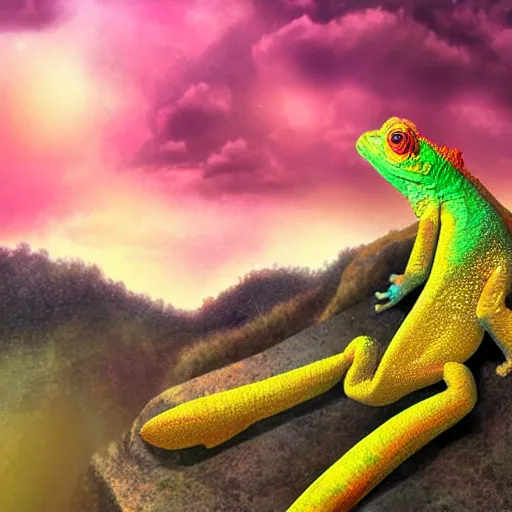 Image similar to golden chameleon hanging on a cliff by its tail, trying to catch rain drops, epic sunset skies in the background, very detailed digital art