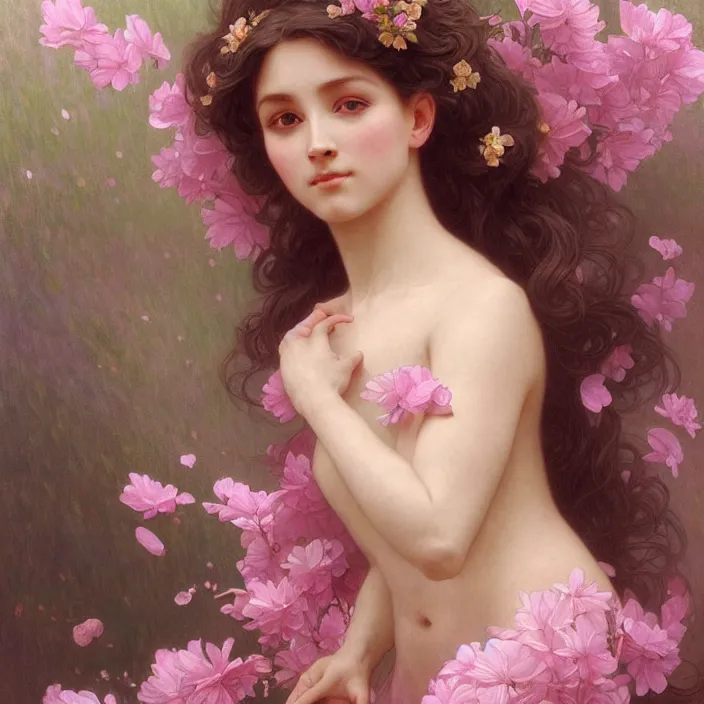 Prompt: pink petals with a ahape of a wonderful goddess, intricate, elegant, highly detailed, wonderful eyes, sweet, digital painting, artstation, concept art, smooth, sharp focus, illustration, art by artgerm and greg rutkowski and alphonse mucha and william - adolphe bouguereau