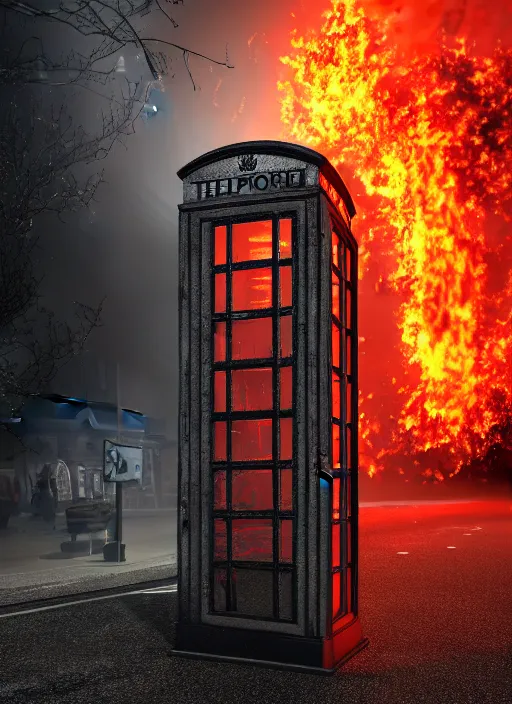 Image similar to a telephone booth on fire, weird, haunted, misty, dark and evil, demonic, sinister, ambient lighting, 8 k render, hyperrealistic, photo realistic