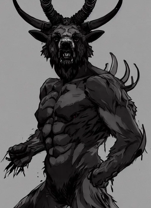 Prompt: Full body portrait of horned bear spirit with sharp claws. In style of Yoji Shinkawa and Hyung-tae Kim, trending on ArtStation, dark fantasy, great composition, concept art, highly detailed.