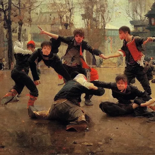 Image similar to a group of teenage boys doing TikTok dances. Ilya Repin and Ruan Jia.