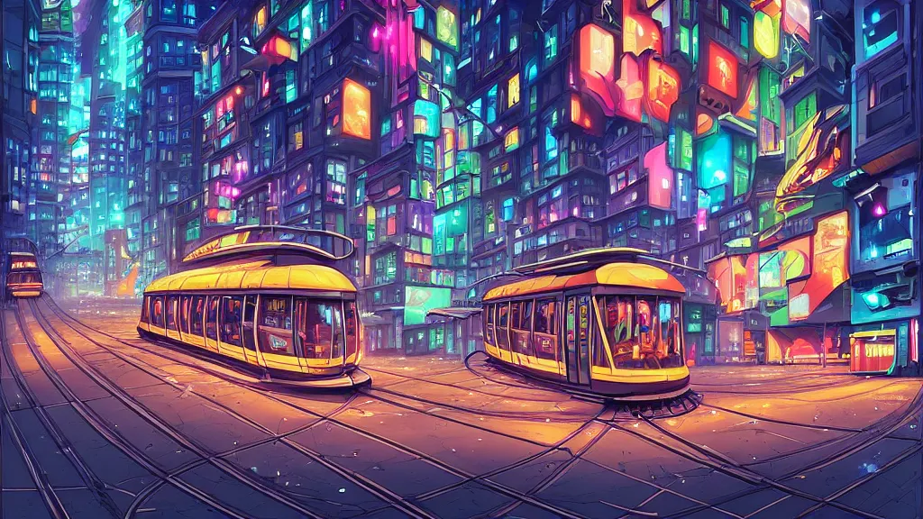 Prompt: street view of the city at night by cyril rolando and naomi okubo and dan mumford and zaha hadid. flying cars. advertisements. neon. tram.