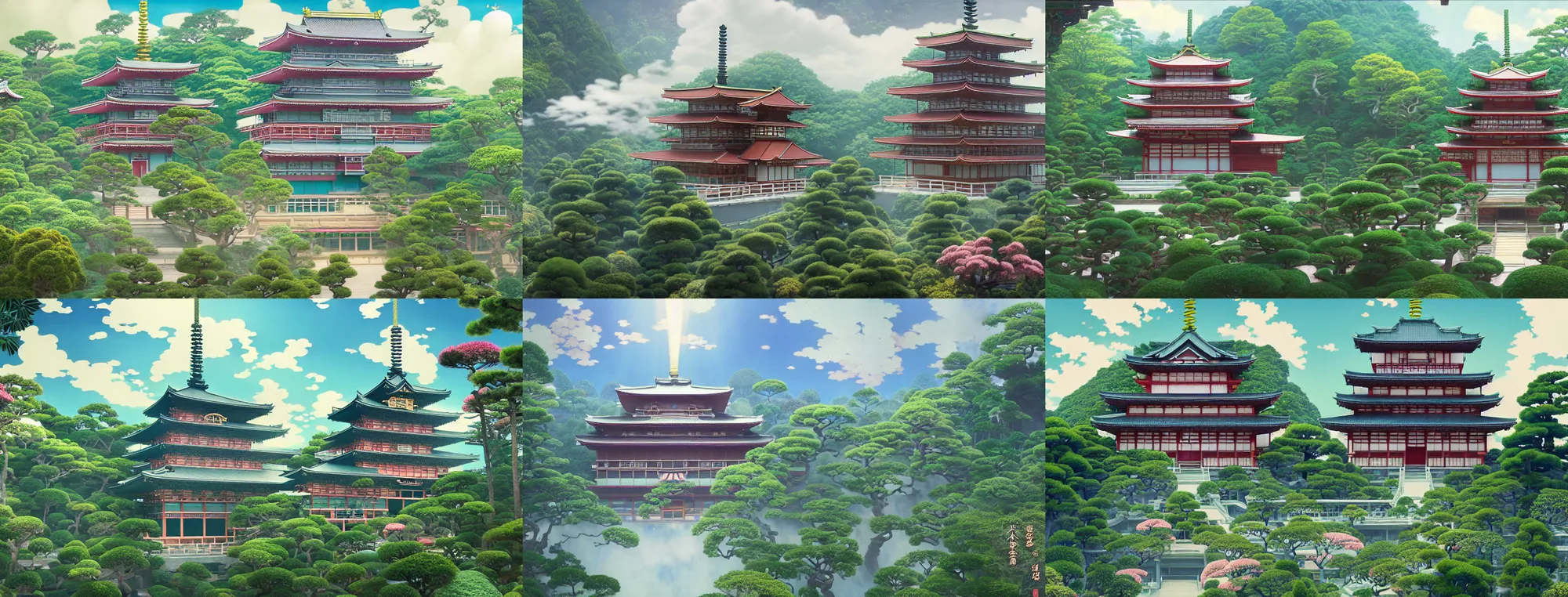 Image similar to misty clouds, japanese buddhist temple with lush plants and secret doors, wes anderson style hotel temple, magic chairlifts. hyper detailed, architectural concept, full building, dynamic angle, intricate, lineart, cerpuscular rays, lily flowers. by yoshitaka amano, alfons mucha and makoto shinkai. 8 k