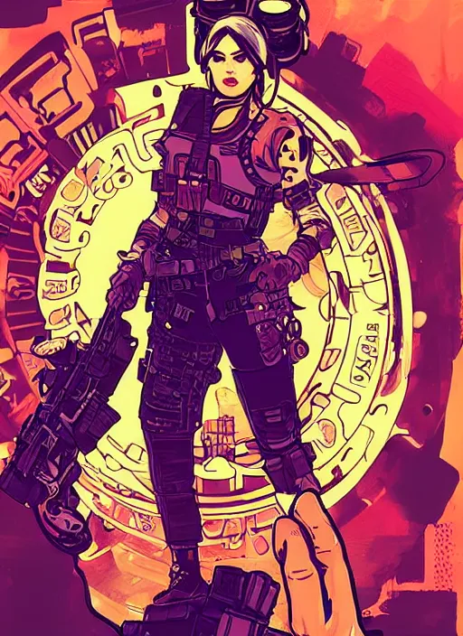 Image similar to maria. beautiful cyberpunk mercenary. portrait illustration, pop art, splash painting, art by ashley wood, alphonse mucha, laurie greasley and josan gonzales ( apex legends )