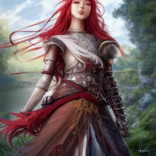 Prompt: a long - red - haired female knight as an absurdly beautiful, elegant, young sensual anime girl, river in background, ultrafine hyperrealistic detailed face illustration by kim jung gi, irakli nadar, intricate linework, sharp focus, bright colors, matte, final fantasy, unreal engine highly rendered, global illumination, radiant light, intricate environment