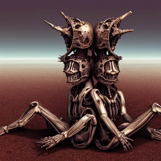 Image similar to conjoined demon twins sitting in a desert by Yoshitaka Amano, by HR Giger, biomechanical, 4k, hyper detailed, hyperrealism, anime, a Broken World, deviantart, artstation