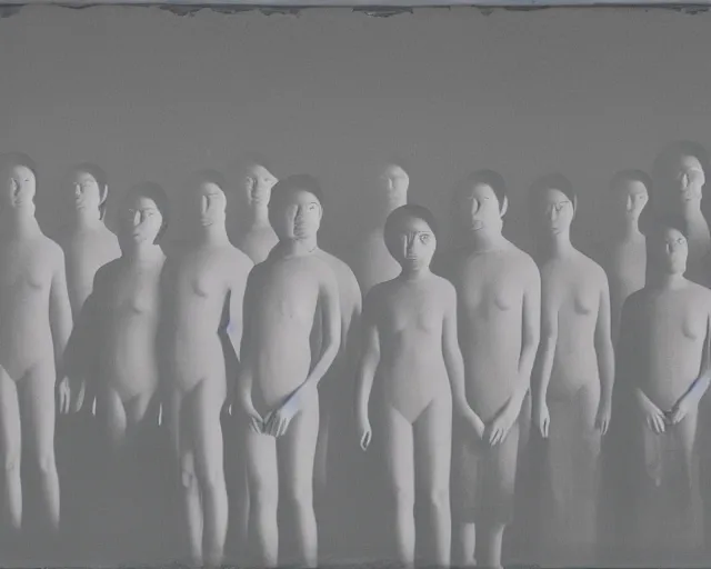 Prompt: a group of people standing next to each other, a photocopy by by Zhang Xiaogang, featured on cg society, holography, multiple exposure, calotype, ambient occlusion
