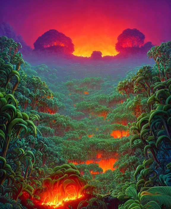 Image similar to simplicity, an simple structure made out of exotic fungus, overgrown with lush floral jungle, partly cloudy, hellscape, hell, fire, brimstone, lava, by dan mumford, yusuke murata, makoto shinkai, ross tran, cinematic, unreal engine, cel shaded, featured on artstation, pixiv