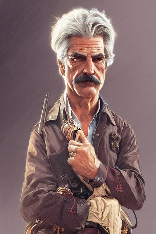 Image similar to portrait of sam elliott, western, gunslinger, duster, fantasy, intricate, elegant, highly detailed, digital painting, artstation, concept art, sharp focus, illustration, art by artgerm and greg rutkowski and alphonse mucha