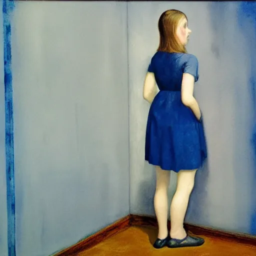 Image similar to close up of a girl in a blue and gold haunted liminal abandoned room, watercolor by gottfried helnwein, by hammershøi, art noveau, highly detailed, lights by edward hopper, liminal, eerie, bright pastel colors