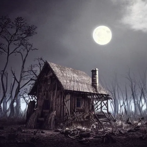 Prompt: an old wooden house standing on giant chicken legs. dark forest of dead trees. night. moonlight. mystery. thrill. photorealistic. hyper detailed. cinematic. epic composition