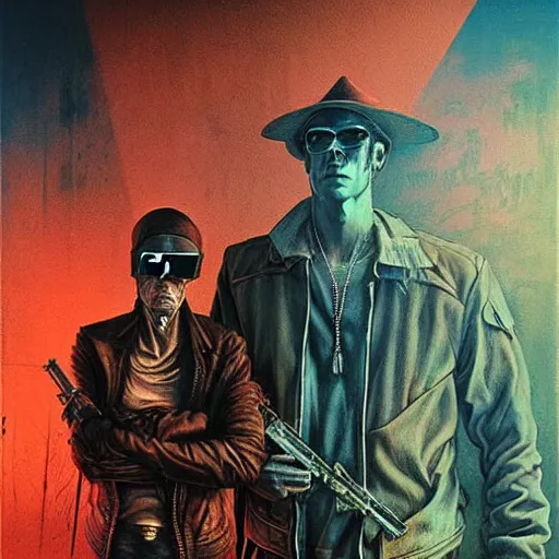 Prompt: cyberpunk sonny barger and hunter thompson by beksinski and tristan eaton, dark neon trimmed beautiful dystopian digital art