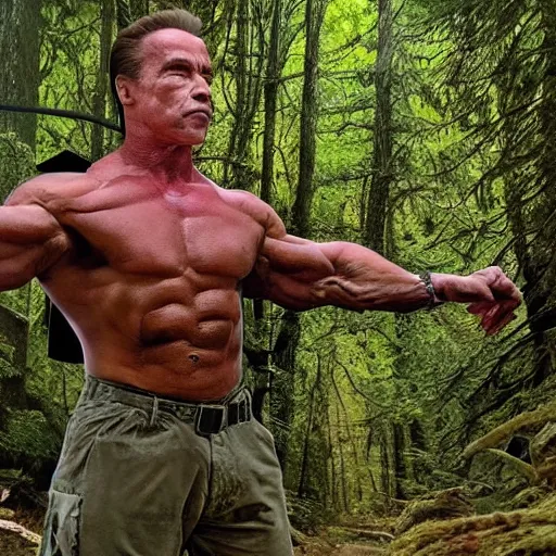 Image similar to Arnold Schwarzenegger at forest caught on trail cam, trail camera footage, wide angle lens, night vision