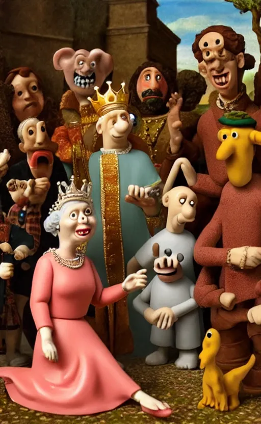 Image similar to god saves the queen, claymation, epic, ( ( renaissance painting ) ), in the style of wallace and gromit