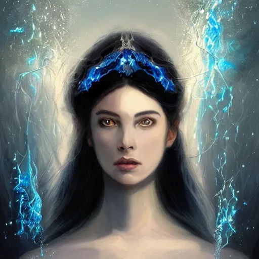 Prompt: masterpiece portrait of an aesthetic elegant mage woman, ice spell, 3 0 years old woman, soft face, black dynamic hair, wearing silver diadem with blue gems inlays, silver necklace, painting by joachim bergauer and magali villeneuve, atmospheric effects, chaotic blue sparks dynamics in the background, intricate, artstation, instagram, fantasy