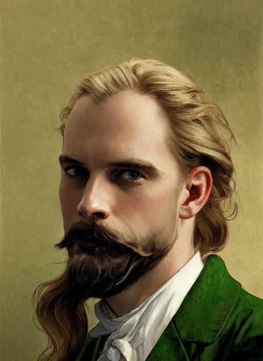 Image similar to medium-length portrait of a 35-year-old male noble with long blonde hair and green eyes, white skin, blonde handlebar mustache, smug smirk, elegant green clothing, medieval setting, highly detailed, digital painting, artstation, concept art, sharp focus, illustration, art by greg rutkowski and alphonse mucha