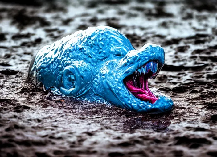 Image similar to a giant slimy creepy monster, very long slimy tongue, dripping saliva, mouth inside a mouth, macro photo, many long wet tongues, translucent skin, fangs, red glowing veins, thin blue arteries, cinematic colors, standing in shallow water, insanely detailed 8 k artistic photography, dramatic lighting