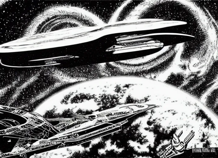 Prompt: a spaceship in a stunning landscape by virgil finlay