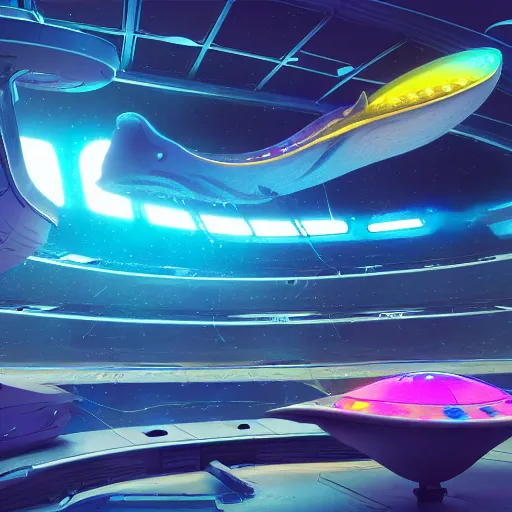 Prompt: whale space ship, high details, lights, space ships, headquarter, 3 d render, illustrated, incredible details, highly detailed, colorful, photorealistic, disney pixar, octane render, iridescent, anime, 8 k