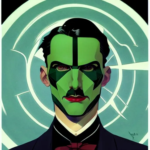 Prompt: Joshua Middleton comic art, wide shot, handsome elegant male Nikola Tesla, futuristic spy, kabuki mask, beautiful evil sneer, symmetrical face, symmetrical eyes, leather clothing and boots, long straight green black hair, full body, Indigo occult pattern