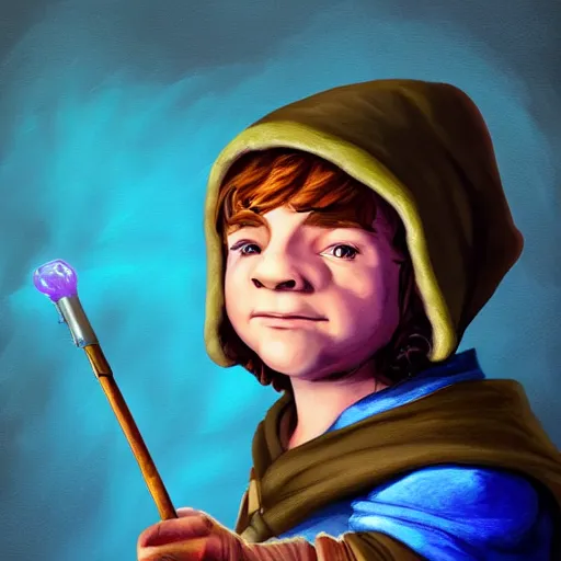 Prompt: Profile picture of a young halfling wizard. Medium length brown hair, hooded purple cloak. Glowing blue wand. Organic Painting, Matte Painting, meaningful