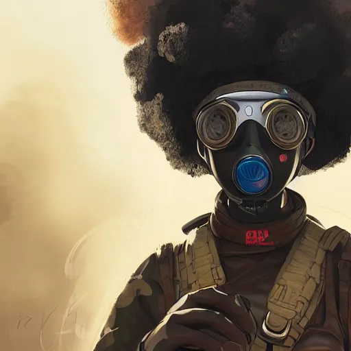 Image similar to a young black girl with afro puffs wearing a gas mask, Apex Legends character, digital illustration portrait design, by android jones and greg rutkowski, retrowave color scheme, detailed, cinematic lighting, wide angle action dynamic portrait