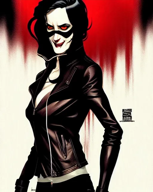 Image similar to Rafael Albuquerque comic cover art, artgerm, Joshua Middleton, pretty Eva Green vampire, sharp vampire teeth, sarcastic smile, symmetrical eyes, symmetrical face, brown leather jacket, jeans, long black hair, full body, building on fire, cool colors