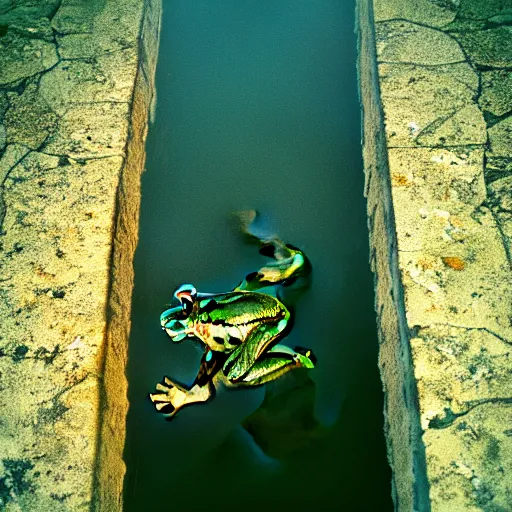 Image similar to semitranslucent smiling frog amphibian jumping over misty lake surface, cinematic shot by Andrei Tarkovsky, jump in composition of Leap into the Void by Yves Klein, paranormal, spiritual, mystical