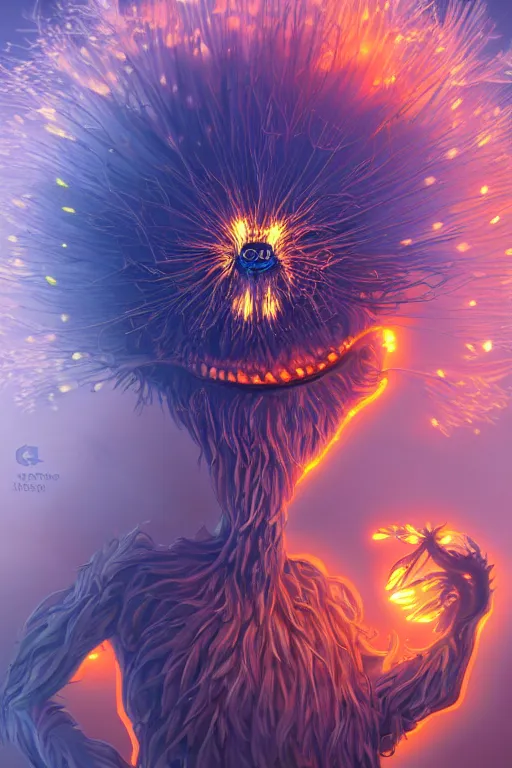 Image similar to a glowing humanoid figure dandelion monster with large glowing eyes, surrounded by fiery orange, highly detailed, digital art, sharp focus, trending on art station, artichoke, anime art style