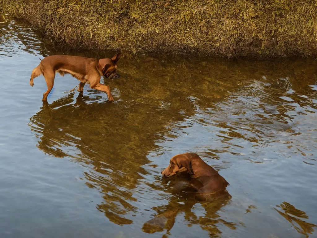 Image similar to a dog!!!!!!!!!!!! looking!!!!! down!!!!!, reflection!!!!! in water, ripples, small stream, beautiful!!!!!! photograph, golden hour, high resolution, national geographic