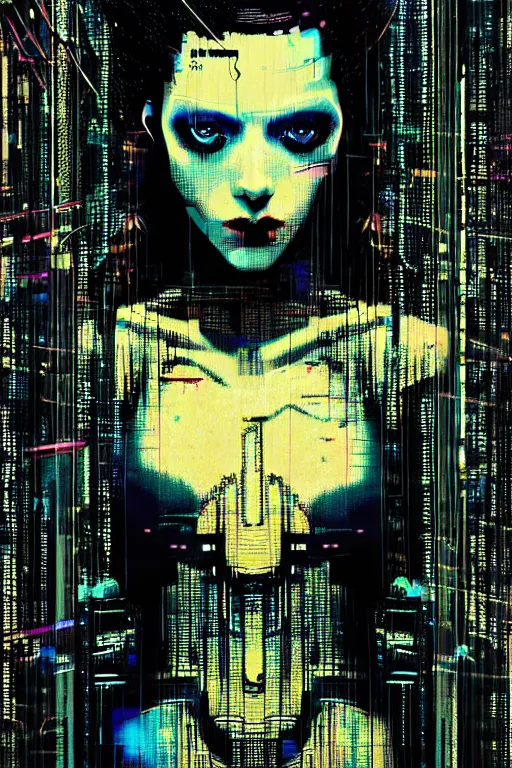 Image similar to dreamy cyberpunk girl, abstract black leather, digital nodes, beautiful woman, detailed acrylic, grunge, intricate complexity, by dan mumford and by alberto giacometti, peter lindbergh