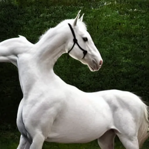 Image similar to a beautiful white realistic horse that is held up by 2 realistic human hands