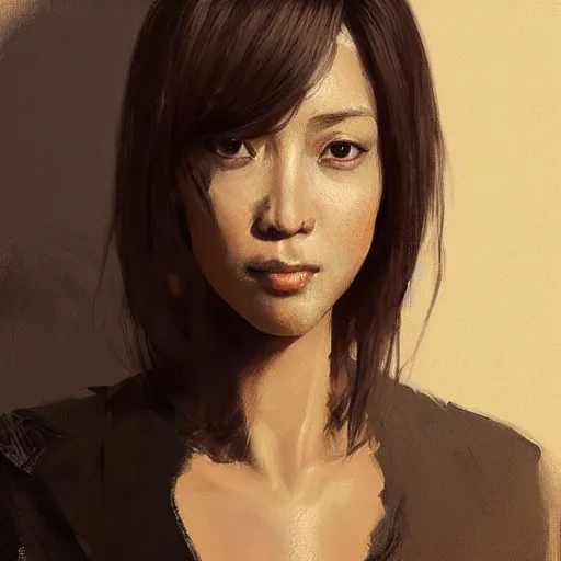 Image similar to Portrait of a woman by Greg Rutkowski, she is about 30 years old, mixture between korean, indian and arabian, pretty, black straigh hair with bangs, attractive, tall and slim, she is wearing beigen and black utilitarian jumpsuit, highly detailed portrait, scifi, digital painting, artstation, concept art, smooth, sharp foccus ilustration, Artstation HQ