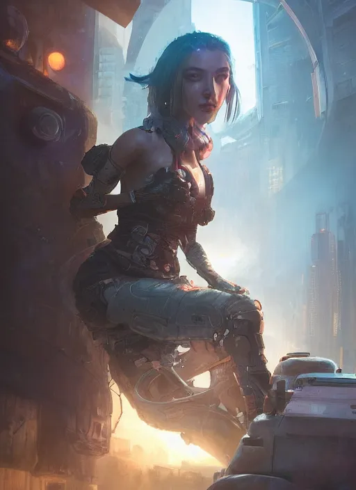 Image similar to portrait of a cyberpunk girl sitting on a tank, d & d, heartstone, digital painting, volumetric light, intricate, sharp, focus, bloom, illustration, highly detailed, concept art, matte, ruan jia, randy vargas, greg rutkowski