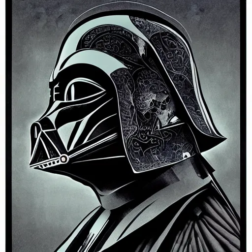 Prompt: full page concept designs Beautiful illustration of darth vader helmet, high contrast, black paper,intricate details, ink on paper, scientific illustration, Highly detailed labeled, poster, clean lines, Peter Mohrbacher ,moebius