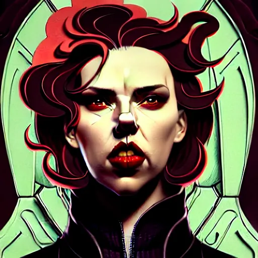 Image similar to rafael albuquerque comic art, art nouveau, peter mohrbacher, artgerm, pretty scarlett johansson vampire sharp vampire teeth open mouth, symmetrical eyes, black leather jacket, jeans, long blonde hair, full body