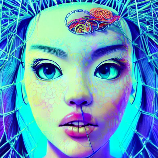 Image similar to the face of an unbelievably beautiful and pretty japanese girl partially made of onion rings of all colors looking down, an ultrafine detailed illustration by james jean, final fantasy, intricate linework, bright colors, behance contest winner, vanitas, angular, altermodern, unreal engine 5 highly rendered, global illumination, radiant light, detailed and intricate environment