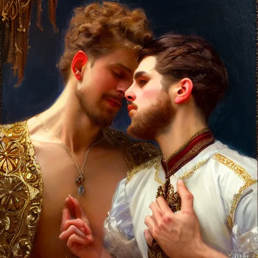 Prompt: attractive fully clothed king confesses his love for his attractive fully clothed male prince. highly detailed painting by gaston bussiere, craig muler, j. c. leyendecker 8 k