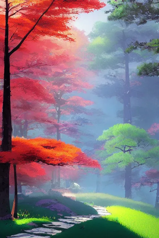 Prompt: Japanese Torii in a colorful moutain with COLORFUL trees ,morning , by studio ghibli painting, superior quality, masterpiece, by Grzegorz Rutkowski, concept art