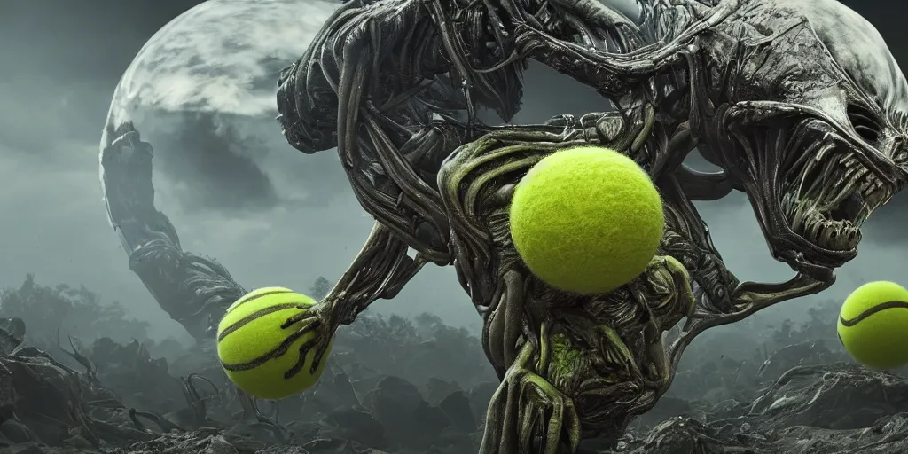 Prompt: a photo of 8 k ultra realistic tennis ball monsters, tennis ball monsters, alien exotic, cinematic lighting, trending on artstation, 4 k, hyperrealistic, focused, high details, unreal engine 5, cinematic, alien planet atmosphere in background, 3 d render by basil gogos