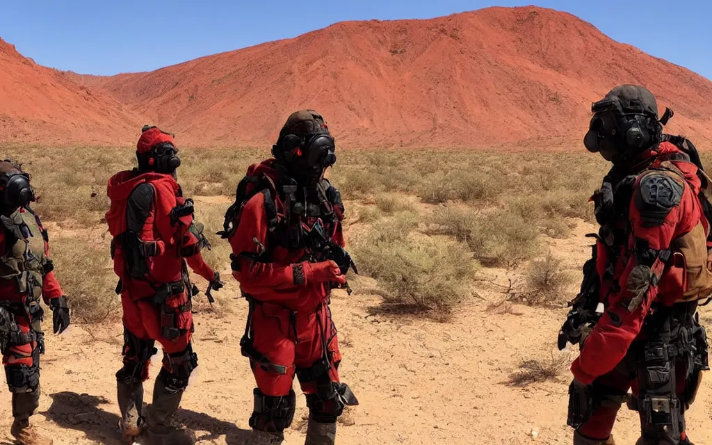 Image similar to in a hot red desert with a distant oasis a group of five people in dark green tactical gear like death stranding and masks, red mesas behind them. They look afraid. dusty, red, mid day, heat shimmering.