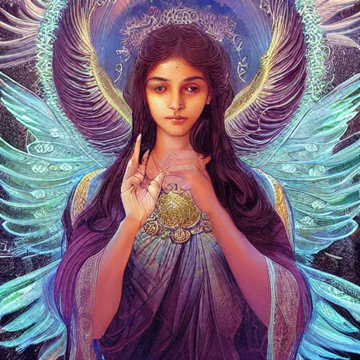 Prompt: Sri lankan girl as a winged angel covered in eyes with glowing halo, iridescent, seraphim, fantasy, intricate, elegant, highly detailed, digital painting, artstation, concept art, smooth, sharp focus, illustration, art by Krenz Cushart and Artem Demura and alphonse mucha