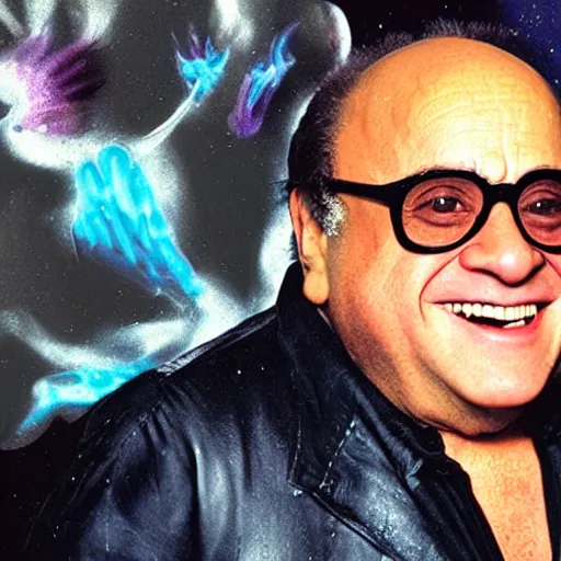 Prompt: Danny Devito as a Miamikaos Airbrush mixtape cover