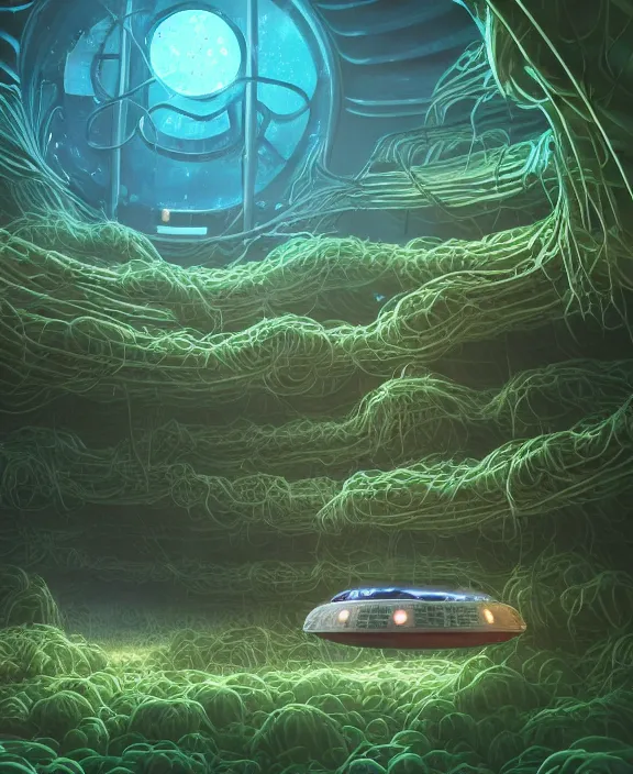 Image similar to simplicity, a simple bunker made out of exotic fungus, overgrown with weird smooth fungus and tendrils, spaceship, sci - fi, robots, noon, somber, partly cloudy, by dan mumford, yusuke murata, makoto shinkai, ross tran, cinematic, unreal engine, cel shaded, featured on artstation, pixiv