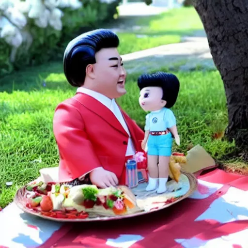 Prompt: screaming kim jong un doll having a lovely picnic with bts boy band dolls