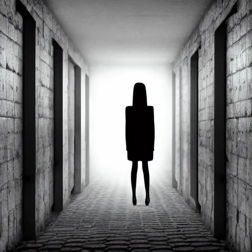 Prompt: a creepy woman wearing all black, standing in a dark hallway, eerie room, melancholic, dreary, horror, scary, glows, dark lighting, ambient lights, cinematic lighting, sinister, digital art,