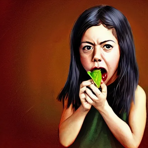 Image similar to young vampire aubrey plaza eating a clove of garlic, art by sam yang